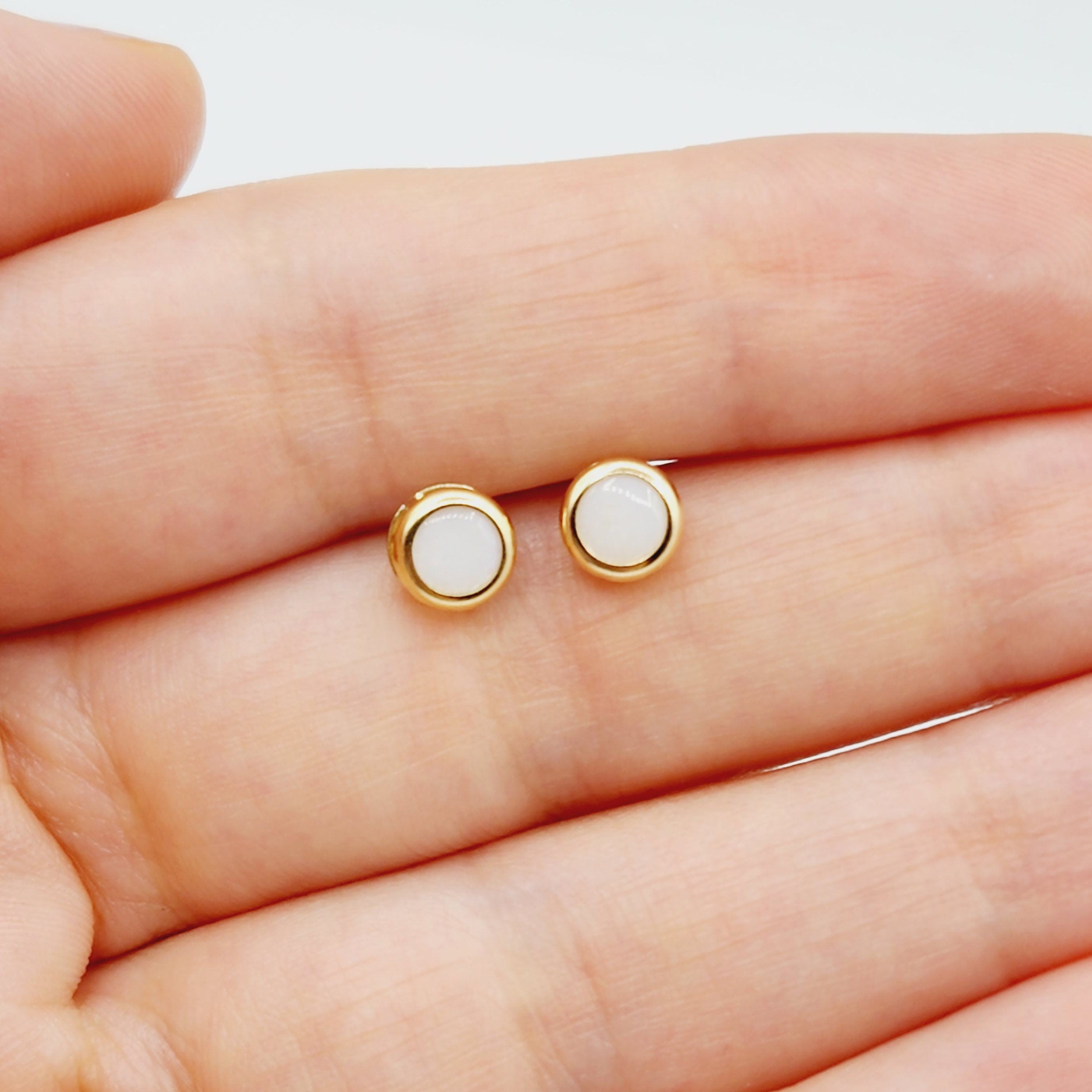 14K Gold Opal Bezel Stud Earrings, 14K Yellow Gold Genuine Opal  5x5mm Earrings, October Birthstone, Round Bezel Set Stud