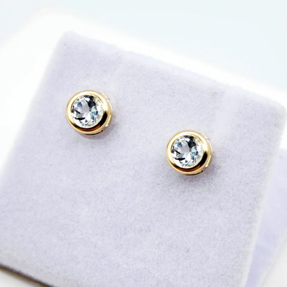 14K Gold Aquamarine Bezel Stud Earrings, 14K Yellow Gold Genuine Aquamarine 5x5mm Earrings, March Birthstone, Round Bezel Set Stud