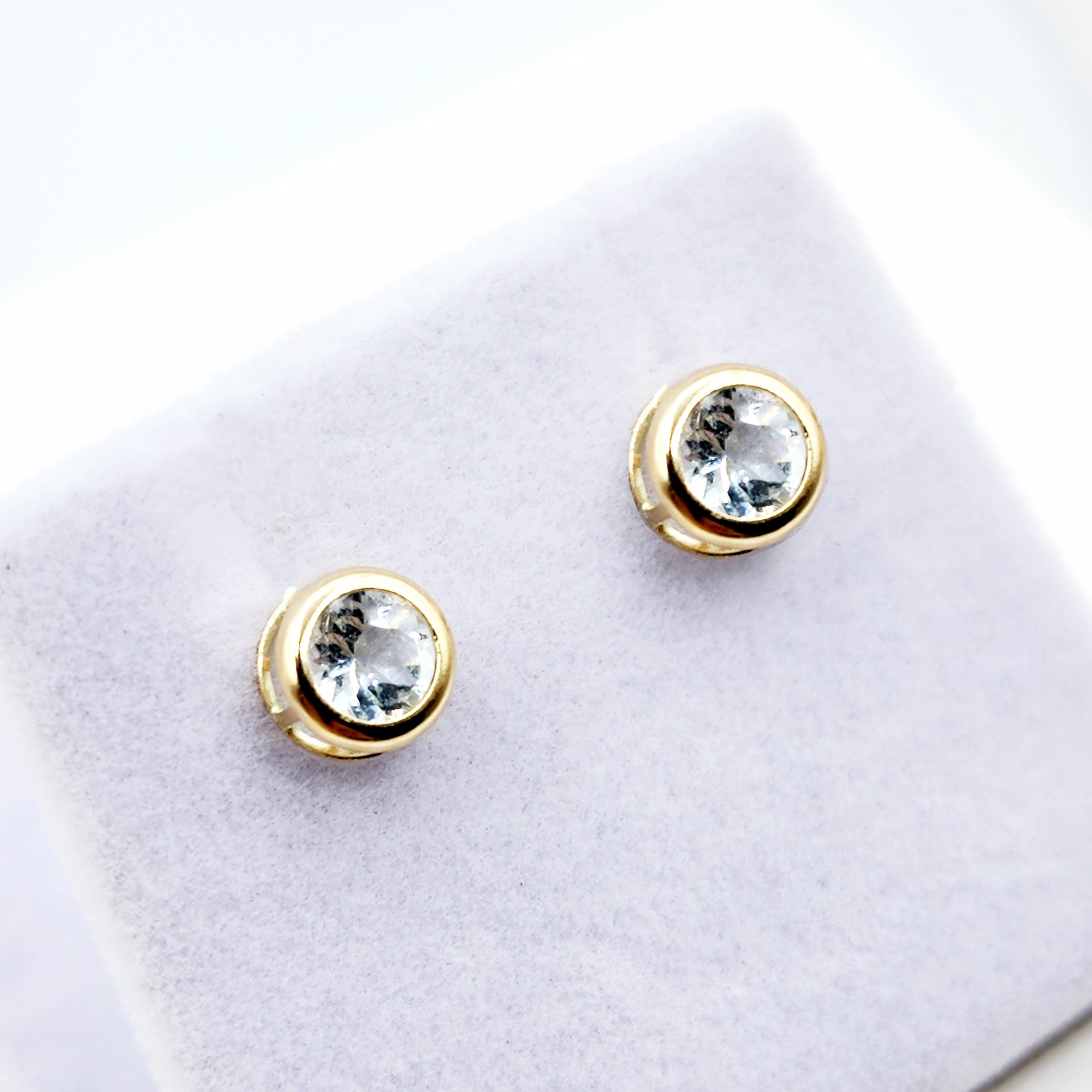 14K Gold Aquamarine Bezel Stud Earrings, 14K Yellow Gold Genuine Aquamarine 5x5mm Earrings, March Birthstone, Round Bezel Set Stud