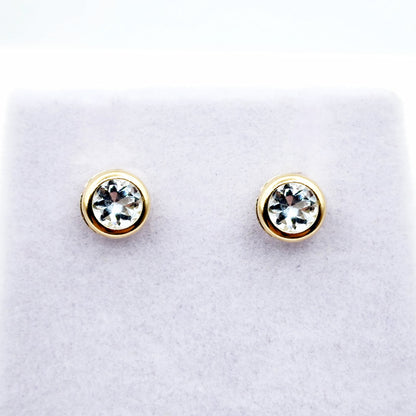14K Gold Aquamarine Bezel Stud Earrings, 14K Yellow Gold Genuine Aquamarine 5x5mm Earrings, March Birthstone, Round Bezel Set Stud