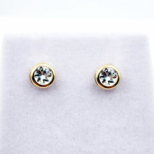 14K Gold Aquamarine Bezel Stud Earrings, 14K Yellow Gold Genuine Aquamarine 5x5mm Earrings, March Birthstone, Round Bezel Set Stud