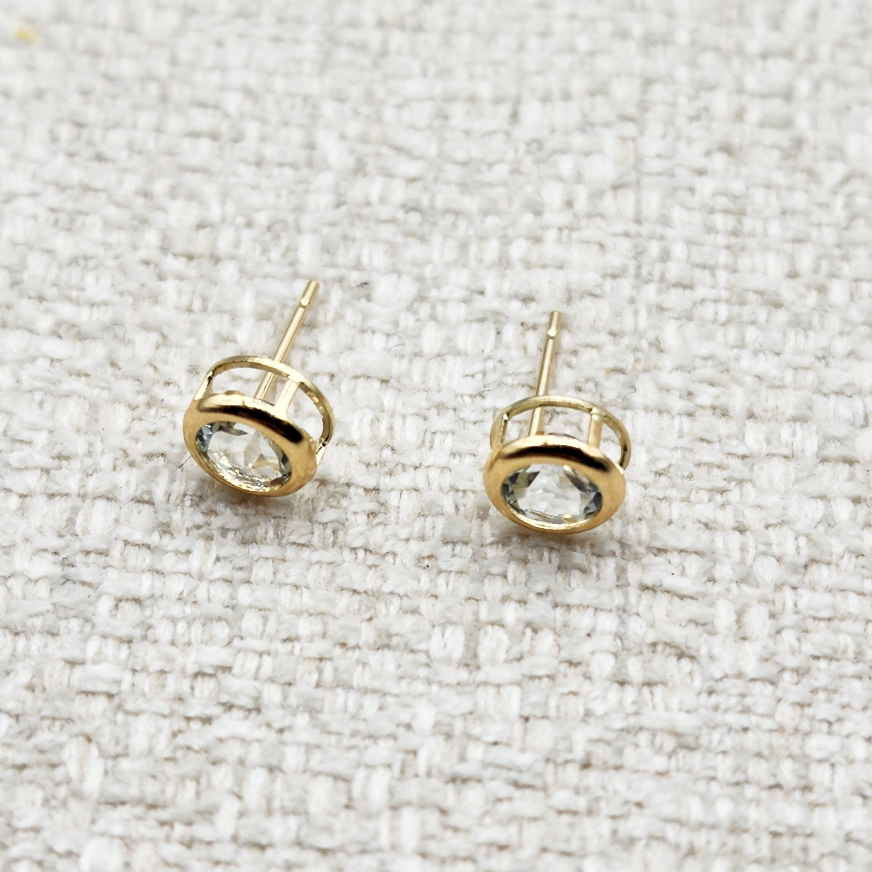 14K Gold Aquamarine Bezel Stud Earrings, 14K Yellow Gold Genuine Aquamarine 5x5mm Earrings, March Birthstone, Round Bezel Set Stud