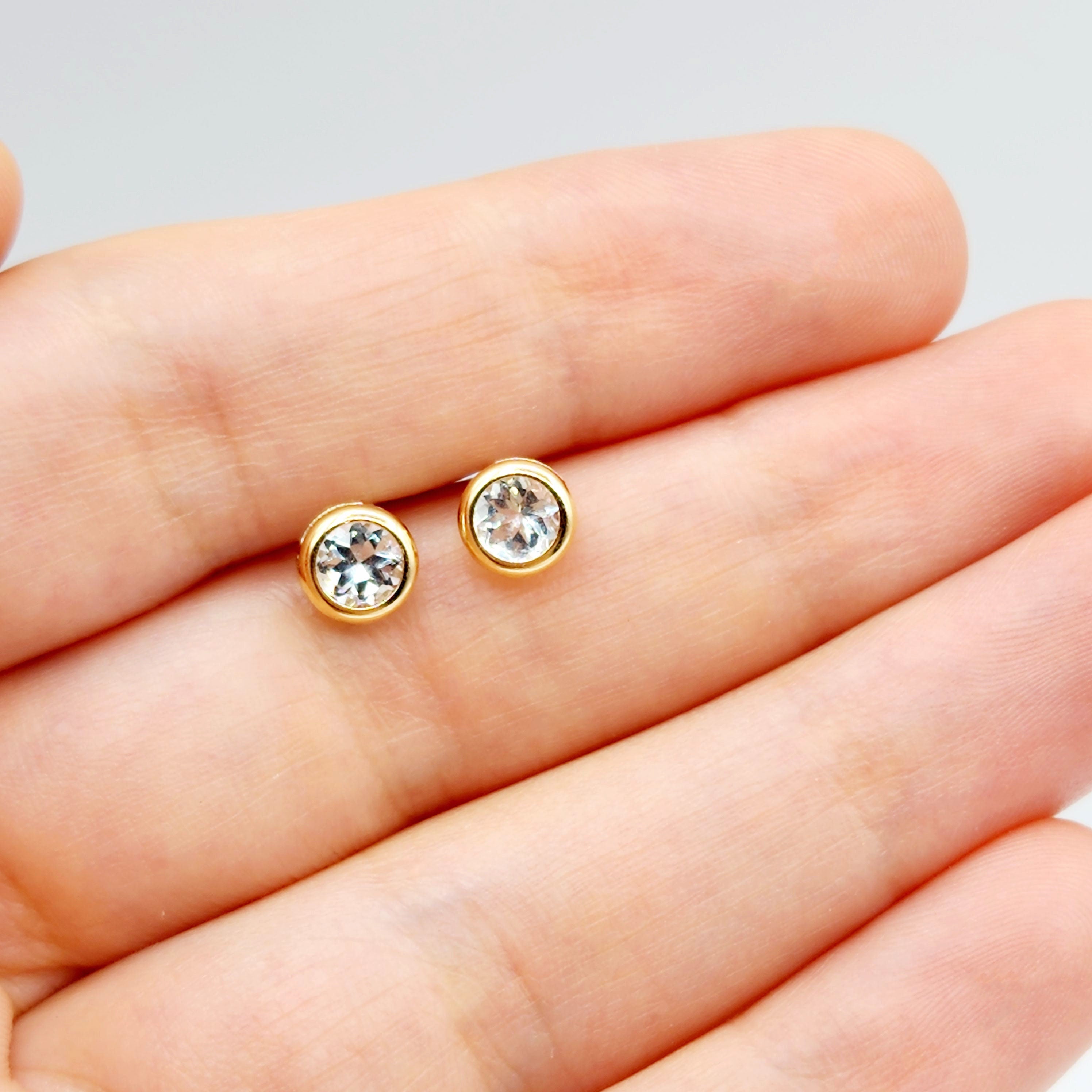 14K Gold Aquamarine Bezel Stud Earrings, 14K Yellow Gold Genuine Aquamarine 5x5mm Earrings, March Birthstone, Round Bezel Set Stud