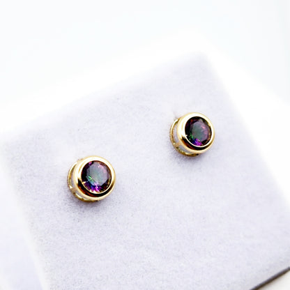 14K Gold Mystic Topaz Bezel Stud Earrings, 14K Yellow Gold Genuine Fire Mystic Topaz 5x5mm Earrings, Birthstone Earrings, Round Bezel Set