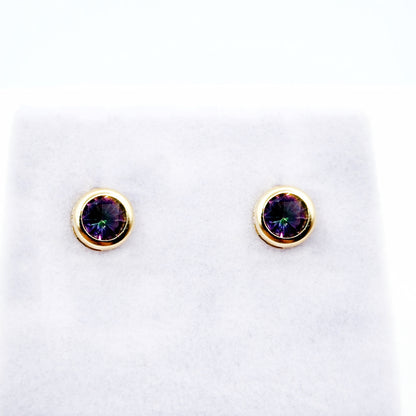 14K Gold Mystic Topaz Bezel Stud Earrings, 14K Yellow Gold Genuine Fire Mystic Topaz 5x5mm Earrings, Birthstone Earrings, Round Bezel Set