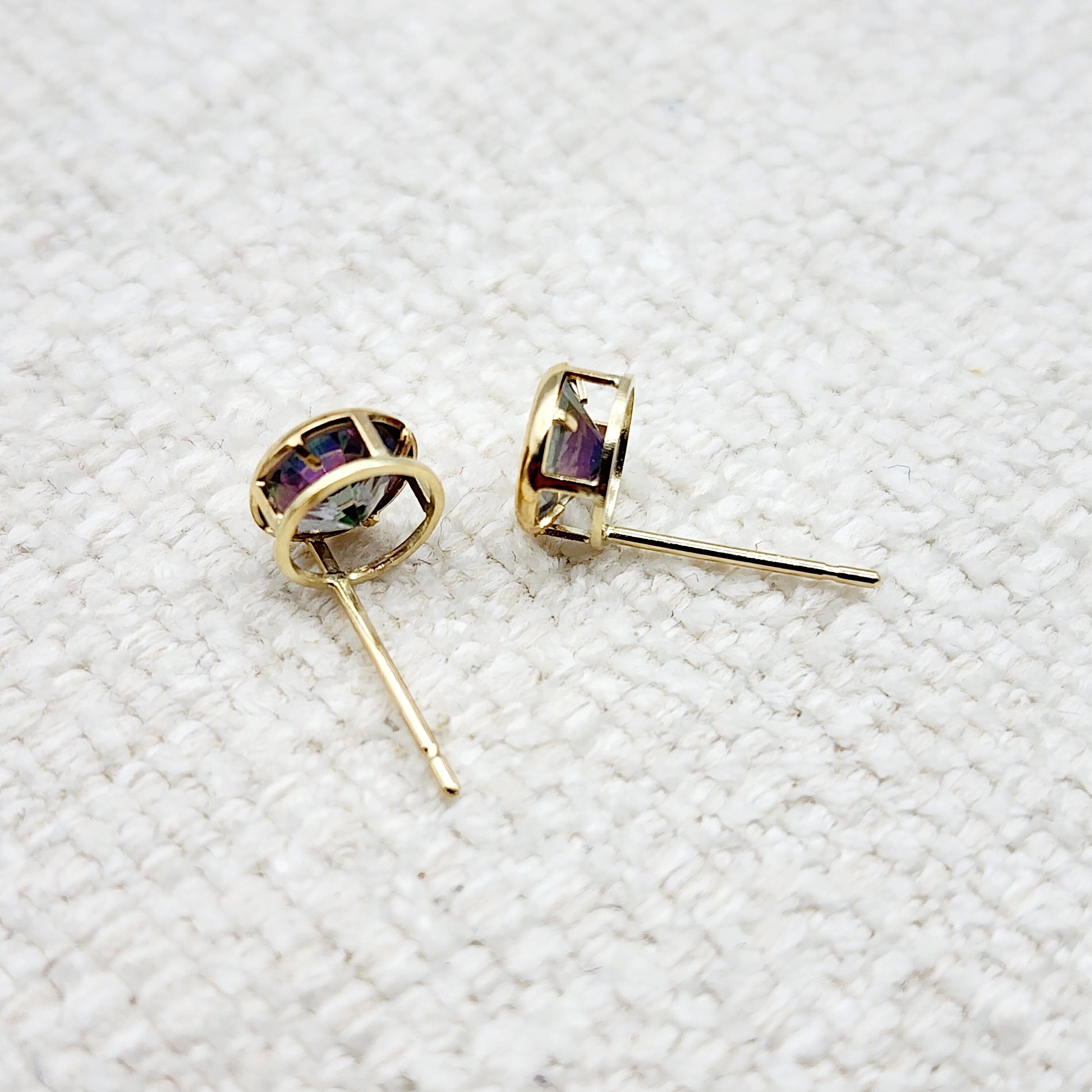14K Gold Mystic Topaz Bezel Stud Earrings, 14K Yellow Gold Genuine Fire Mystic Topaz 5x5mm Earrings, Birthstone Earrings, Round Bezel Set