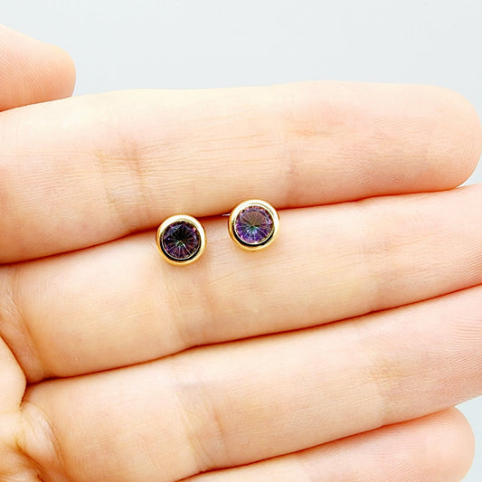 14K Gold Mystic Topaz Bezel Stud Earrings, 14K Yellow Gold Genuine Fire Mystic Topaz 5x5mm Earrings, Birthstone Earrings, Round Bezel Set
