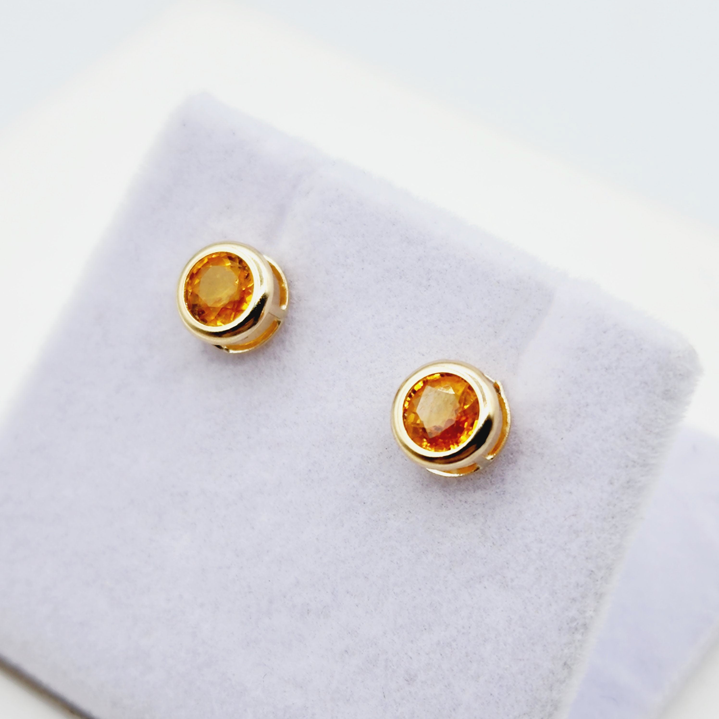 14K Gold Orange Sapphire Bezel Stud Earrings, 14K Yellow Gold Genuine Orange Sapphire 5x5mm Earrings, Birthday Gift, Round Bezel Set Stud