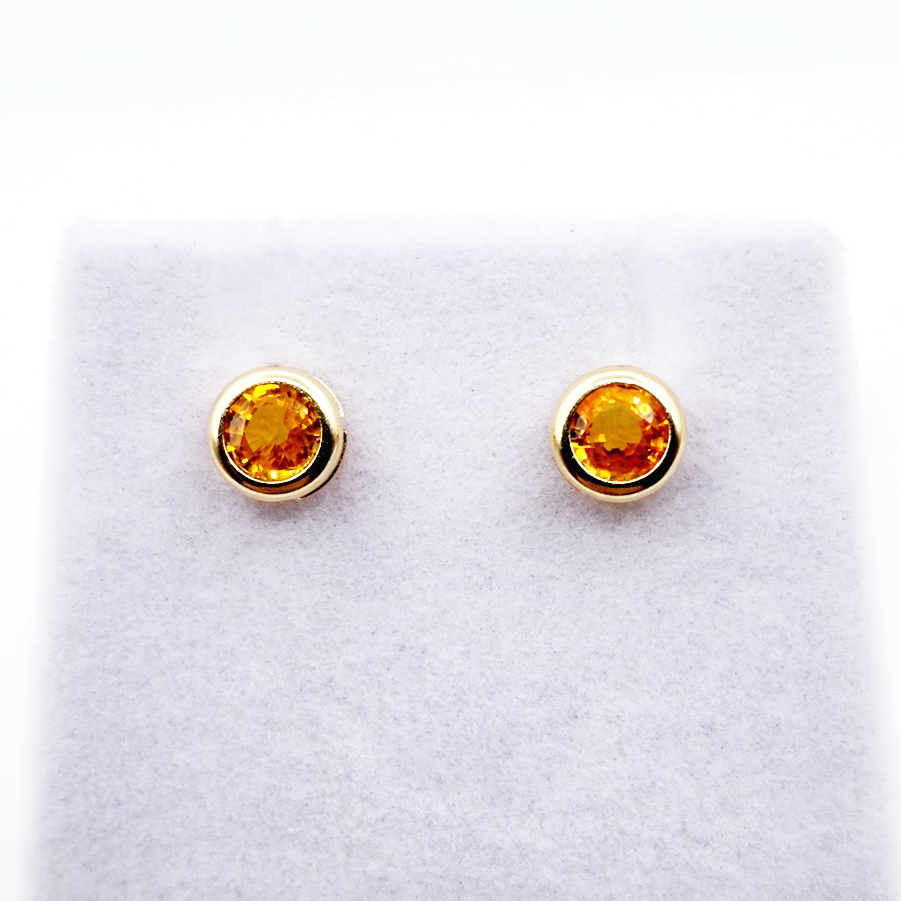 14K Gold Orange Sapphire Bezel Stud Earrings, 14K Yellow Gold Genuine Orange Sapphire 5x5mm Earrings, Birthday Gift, Round Bezel Set Stud