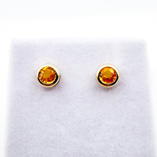 14K Gold Orange Sapphire Bezel Stud Earrings, 14K Yellow Gold Genuine Orange Sapphire 5x5mm Earrings, Birthday Gift, Round Bezel Set Stud