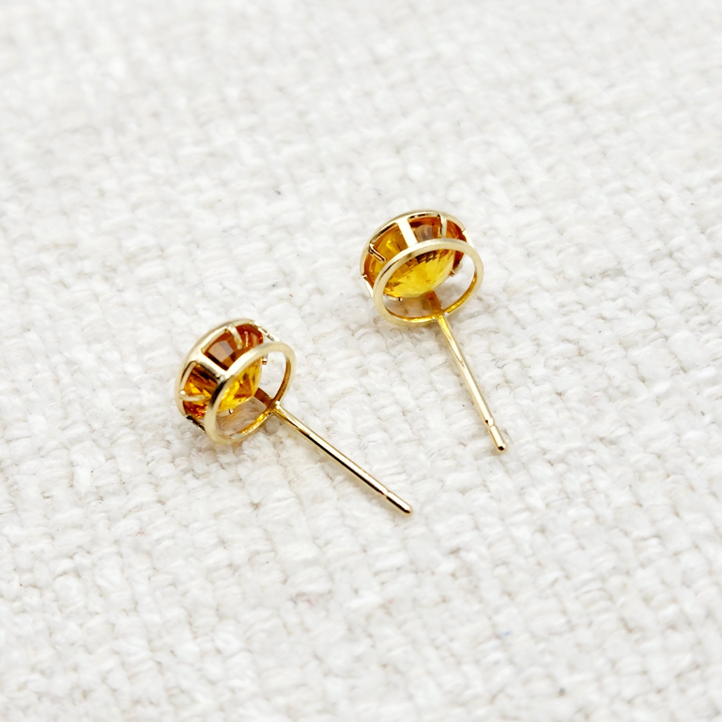 14K Gold Orange Sapphire Bezel Stud Earrings, 14K Yellow Gold Genuine Orange Sapphire 5x5mm Earrings, Birthday Gift, Round Bezel Set Stud
