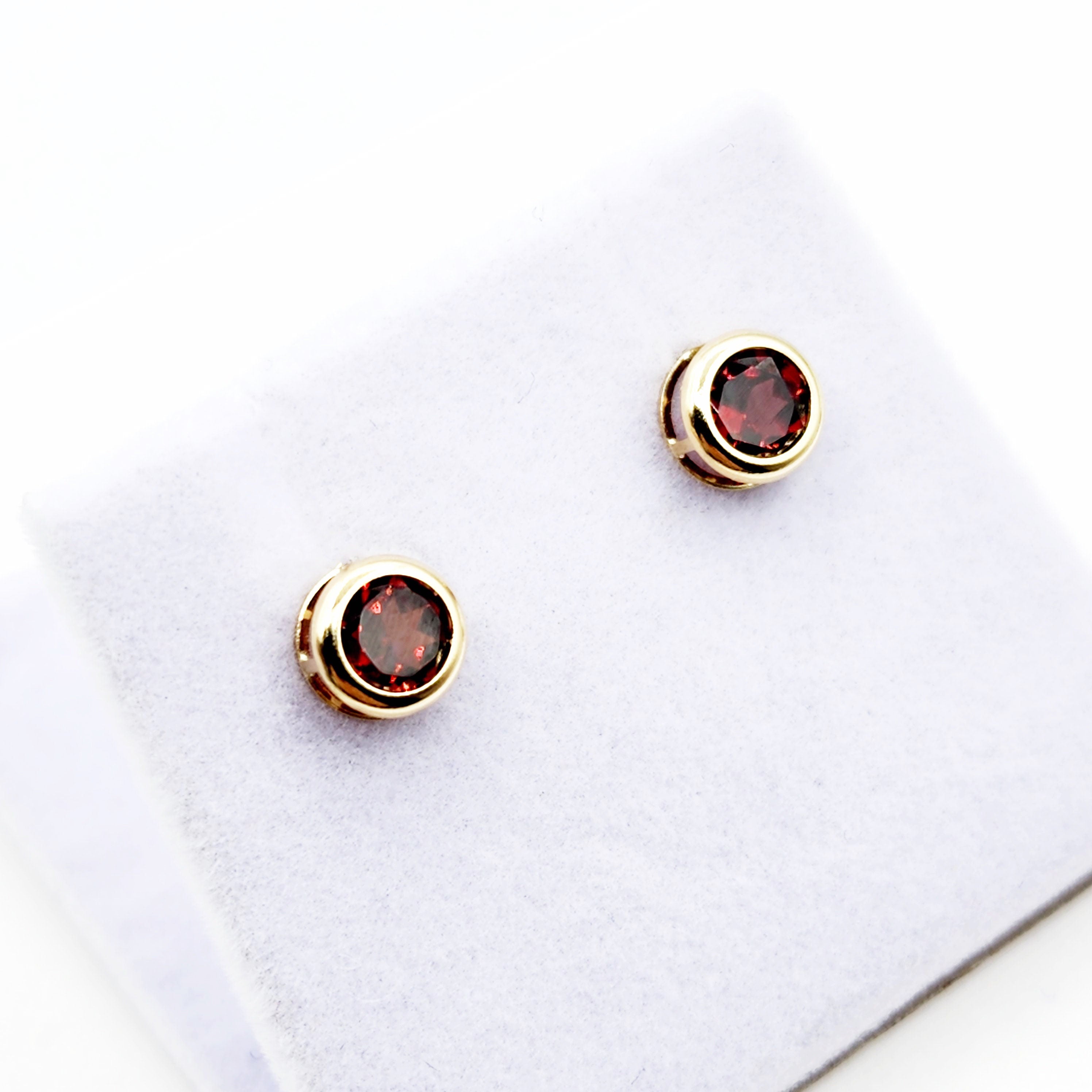 14K Gold Garnet Bezel Stud Earrings, 14K Yellow Gold Genuine Garnet 5x5mm Earrings, January Birthstone, Round Bezel Set Stud