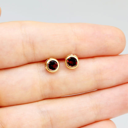 14K Gold Garnet Bezel Stud Earrings, 14K Yellow Gold Genuine Garnet 5x5mm Earrings, January Birthstone, Round Bezel Set Stud