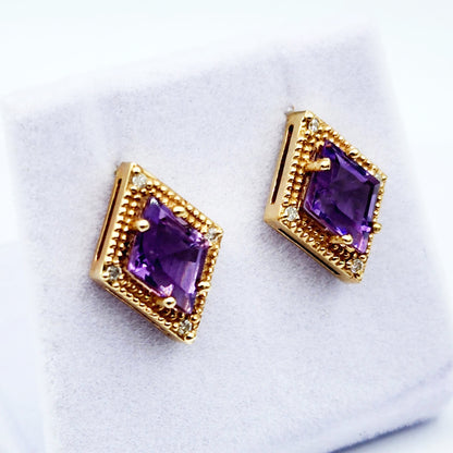 Gold Amethyst Stud Earrings, 14K Yellow Gold Amethyst 3.0cts Stud Earrings, Handmade Earrings, Gemstone Earrings, February Birthstone