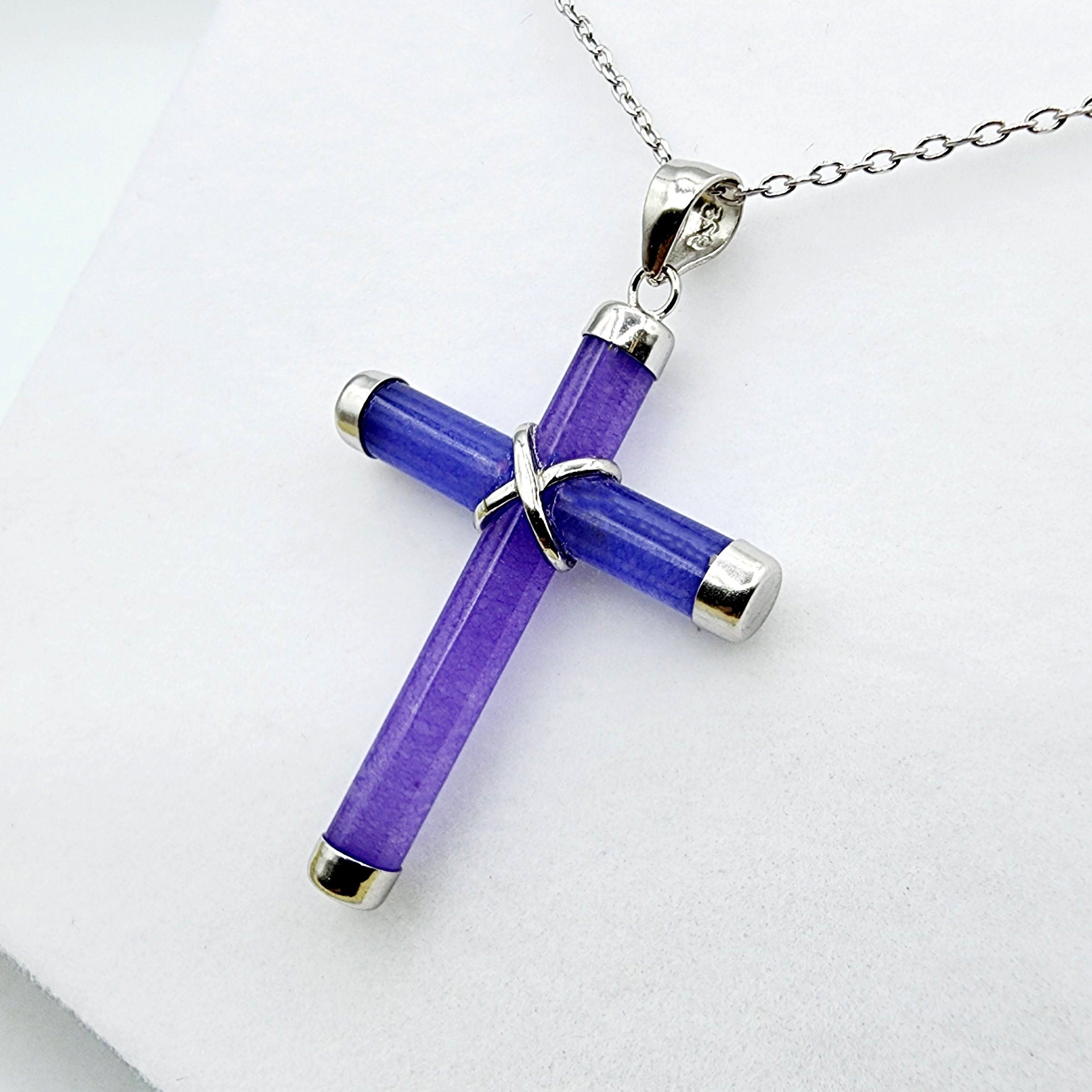 Sterling Silver Dyed Purple Jadeite Cross Pendant with Chain, Jade Cross Necklace, Christmas Gift , New Year Gift