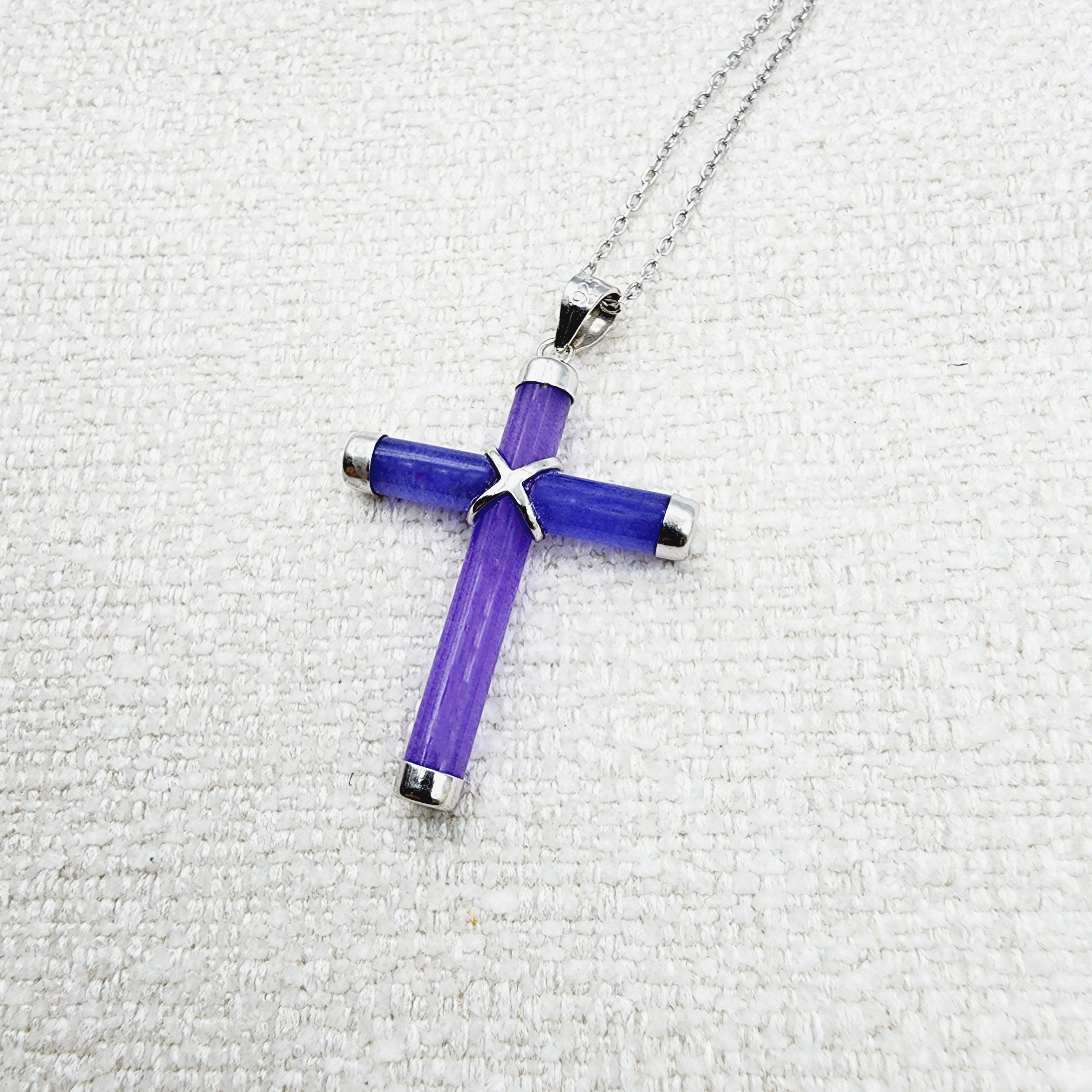 Sterling Silver Dyed Purple Jadeite Cross Pendant with Chain, Jade Cross Necklace, Christmas Gift , New Year Gift