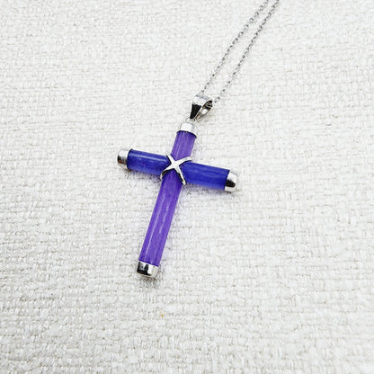 Sterling Silver Dyed Purple Jadeite Cross Pendant with Chain, Jade Cross Necklace, Christmas Gift , New Year Gift