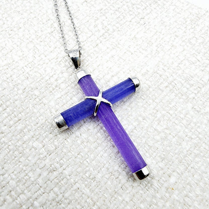 Sterling Silver Dyed Purple Jadeite Cross Pendant with Chain, Jade Cross Necklace, Christmas Gift , New Year Gift