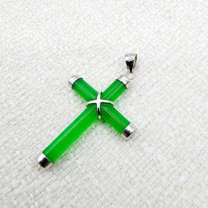 Sterling Silver Genuine Green Jadeite Cross Pendant with Chain, Green Jade Cross Necklace, Christmas Gift , New Year Gift