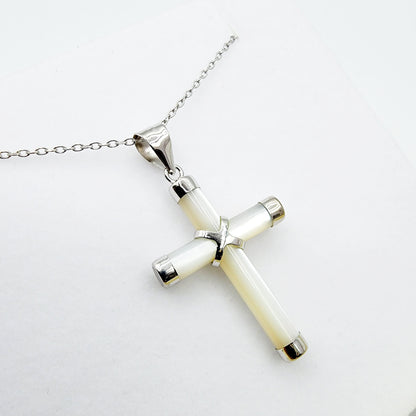 Sterling Silver Genuine Mother of Pearl Cross Pendant with Chain, White Cross Necklace, Christmas Gift , New Year Gift
