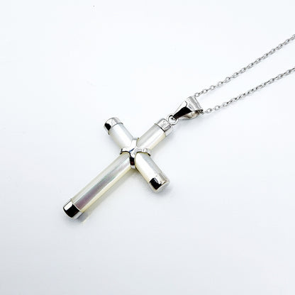 Sterling Silver Genuine Mother of Pearl Cross Pendant with Chain, White Cross Necklace, Christmas Gift , New Year Gift