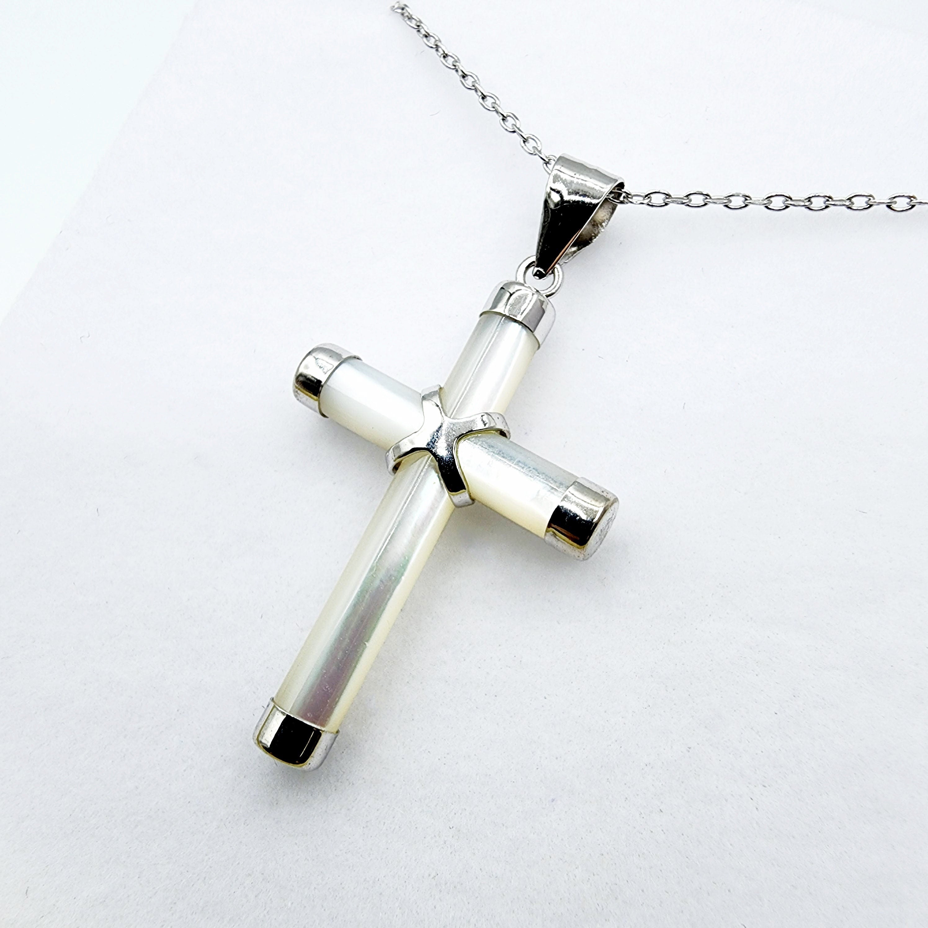 Sterling Silver Genuine Mother of Pearl Cross Pendant with Chain, White Cross Necklace, Christmas Gift , New Year Gift