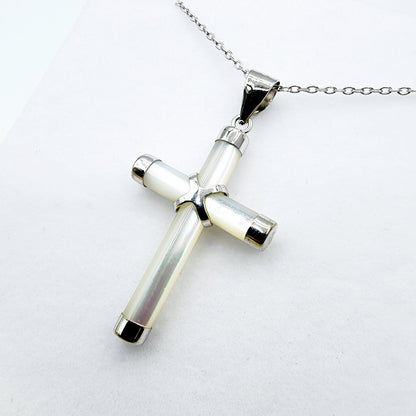 Sterling Silver Genuine Mother of Pearl Cross Pendant with Chain, White Cross Necklace, Christmas Gift , New Year Gift