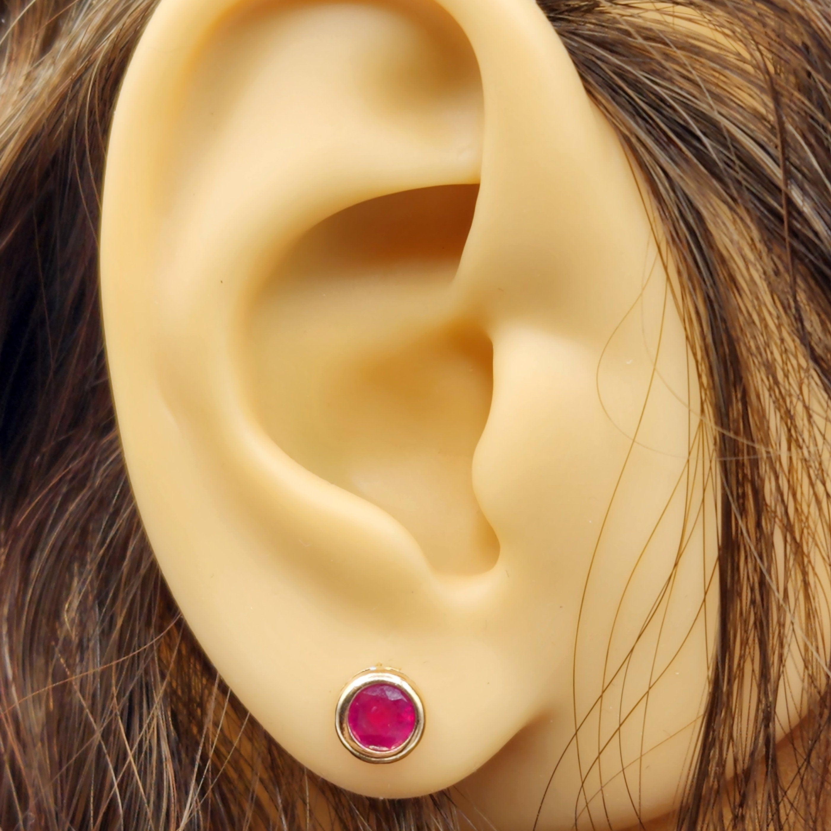 14K Gold Genuine Ruby Bezel Stud Earrings, 14K Yellow Gold Ruby 5x5mm Earrings, July Birthstone, Round Bezel Set Stud 5mm, Dainty Studs