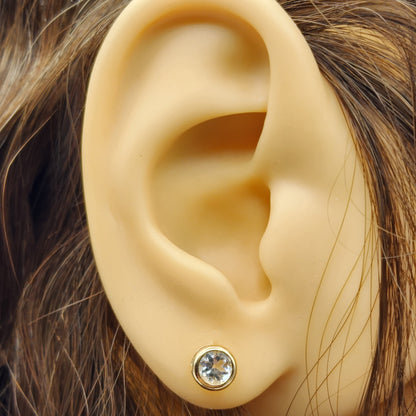 14K Gold Aquamarine Bezel Stud Earrings, 14K Yellow Gold Genuine Aquamarine 5x5mm Earrings, March Birthstone, Round Bezel Set Stud