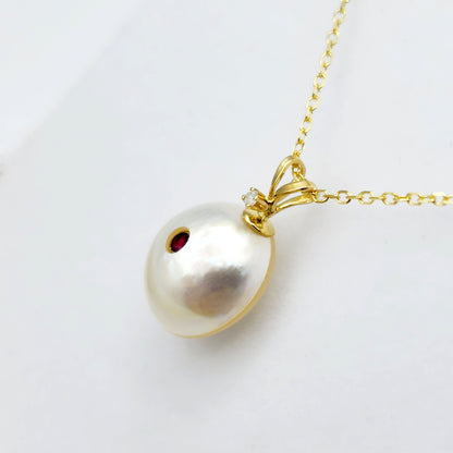 14K Gold Pearl Ruby Diamond Pendant Necklace, 14K Yellow Gold Pendant set with 12mm Mabe Pearl Genuine Ruby and Natural Diamond