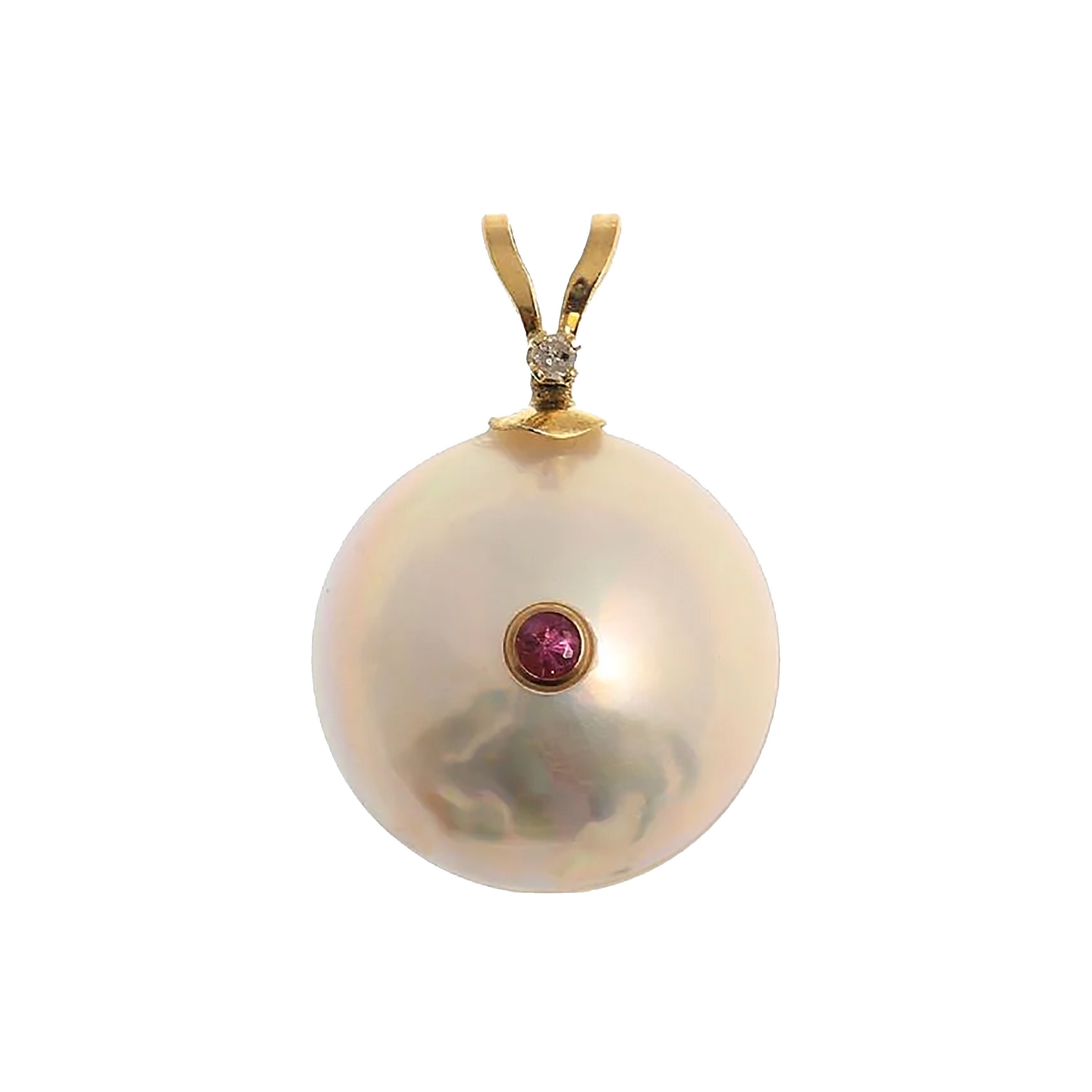 14K Gold Pearl Ruby Diamond Pendant Necklace, 14K Yellow Gold Pendant set with 12mm Mabe Pearl Genuine Ruby and Natural Diamond