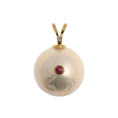 14K Gold Pearl Ruby Diamond Pendant Necklace, 14K Yellow Gold Pendant set with 12mm Mabe Pearl Genuine Ruby and Natural Diamond