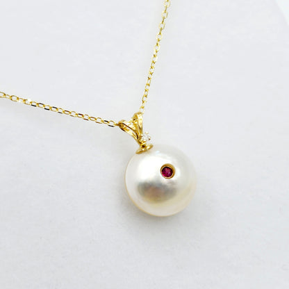 14K Gold Pearl Ruby Diamond Pendant Necklace, 14K Yellow Gold Pendant set with 12mm Mabe Pearl Genuine Ruby and Natural Diamond