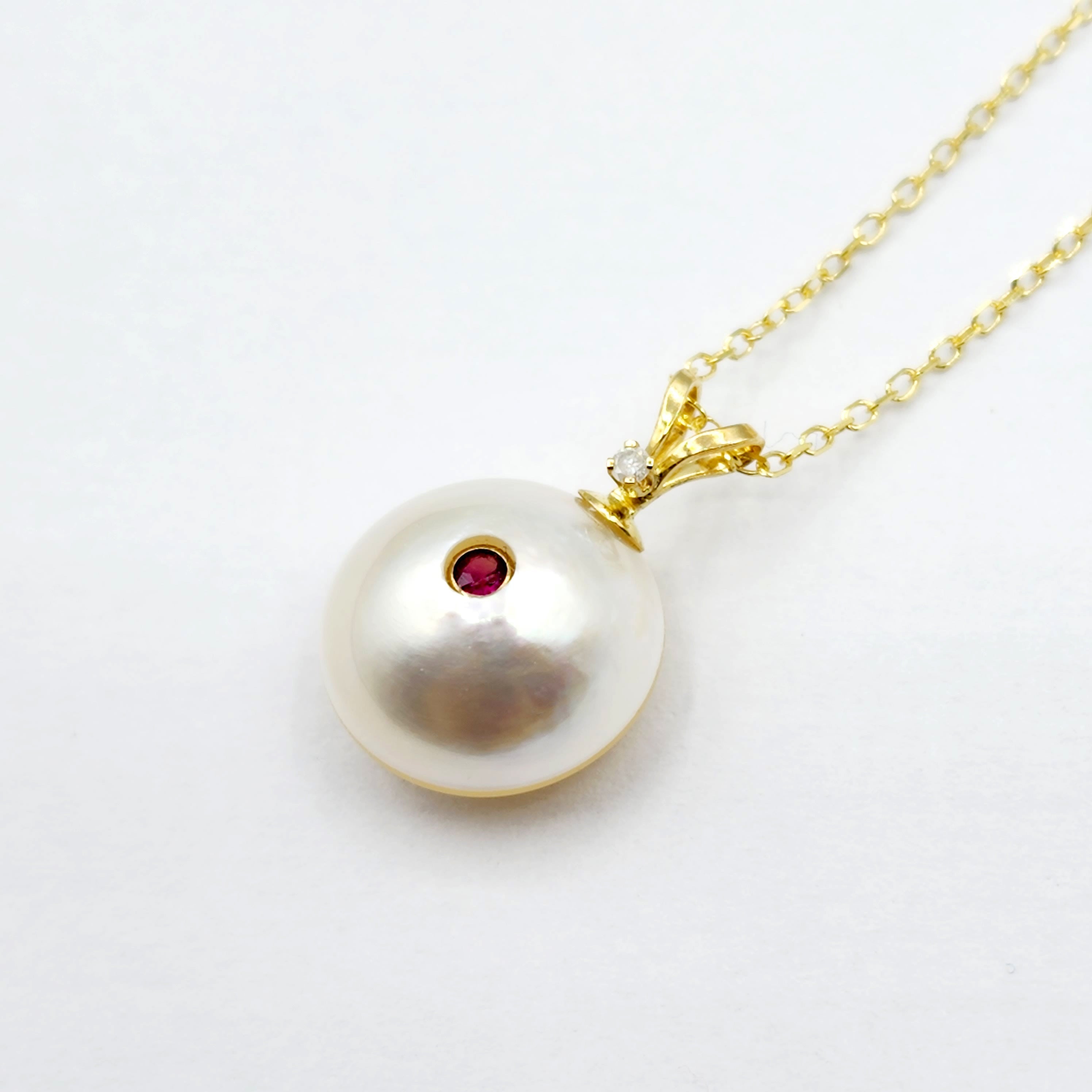 14K Gold Pearl Ruby Diamond Pendant Necklace, 14K Yellow Gold Pendant set with 12mm Mabe Pearl Genuine Ruby and Natural Diamond