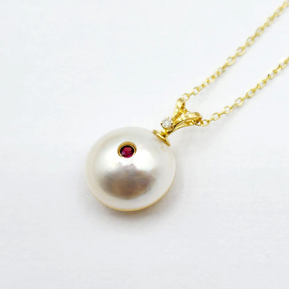 14K Gold Pearl Ruby Diamond Pendant Necklace, 14K Yellow Gold Pendant set with 12mm Mabe Pearl Genuine Ruby and Natural Diamond
