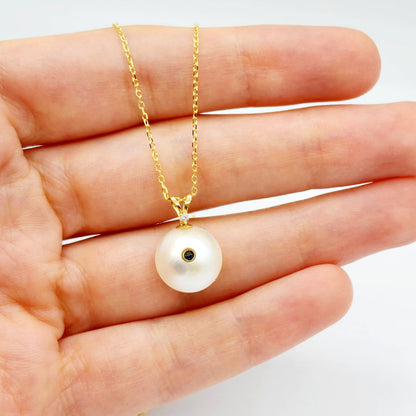 14K Gold Pearl Sapphire Diamond Pendant Necklace, 14K Yellow Gold Pendant set with 12mm Mabe Pearl Genuine Blue Sapphire and Natural Diamond
