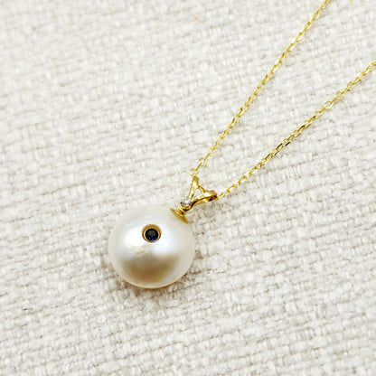 14K Gold Pearl Sapphire Diamond Pendant Necklace, 14K Yellow Gold Pendant set with 12mm Mabe Pearl Genuine Blue Sapphire and Natural Diamond