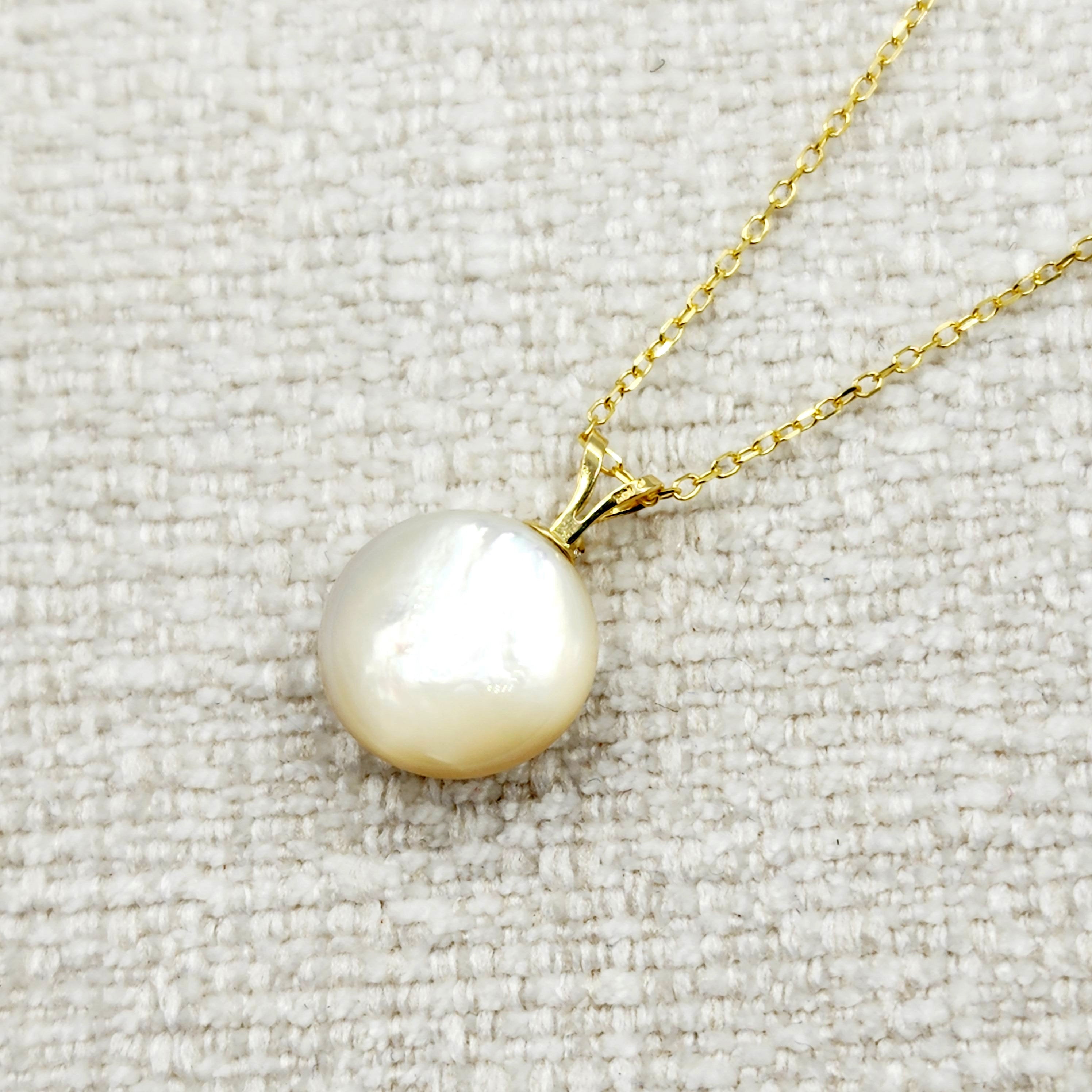 14K Gold Pearl Sapphire Diamond Pendant Necklace, 14K Yellow Gold Pendant set with 12mm Mabe Pearl Genuine Blue Sapphire and Natural Diamond