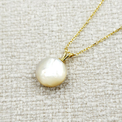 14K Gold Pearl Sapphire Diamond Pendant Necklace, 14K Yellow Gold Pendant set with 12mm Mabe Pearl Genuine Blue Sapphire and Natural Diamond
