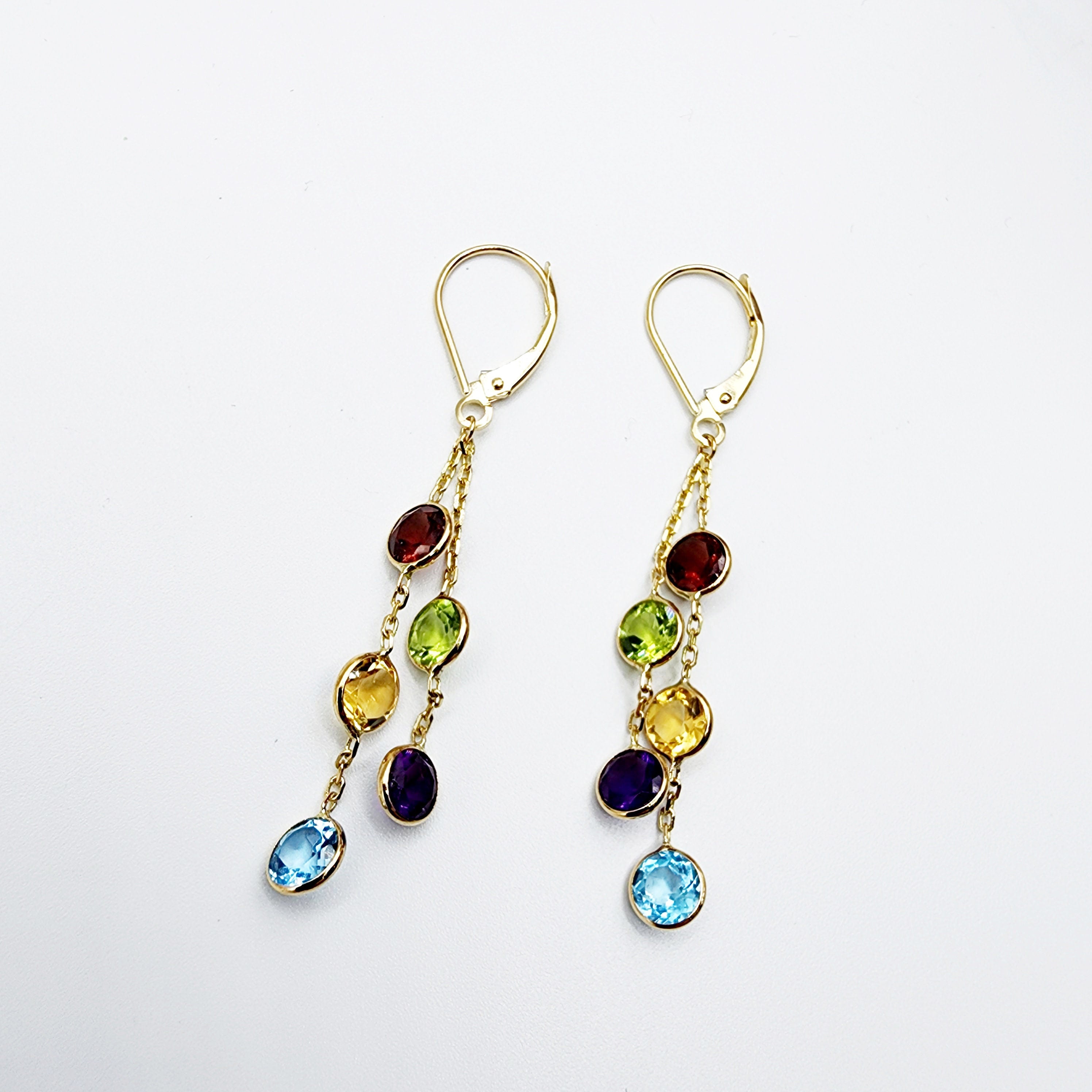 14K Gold Drop Genuine Gemstone Earrings, 5mm Natural Garnet, Peridot, Citrine, Blue Topaz, and Amethyst Earrings For Women