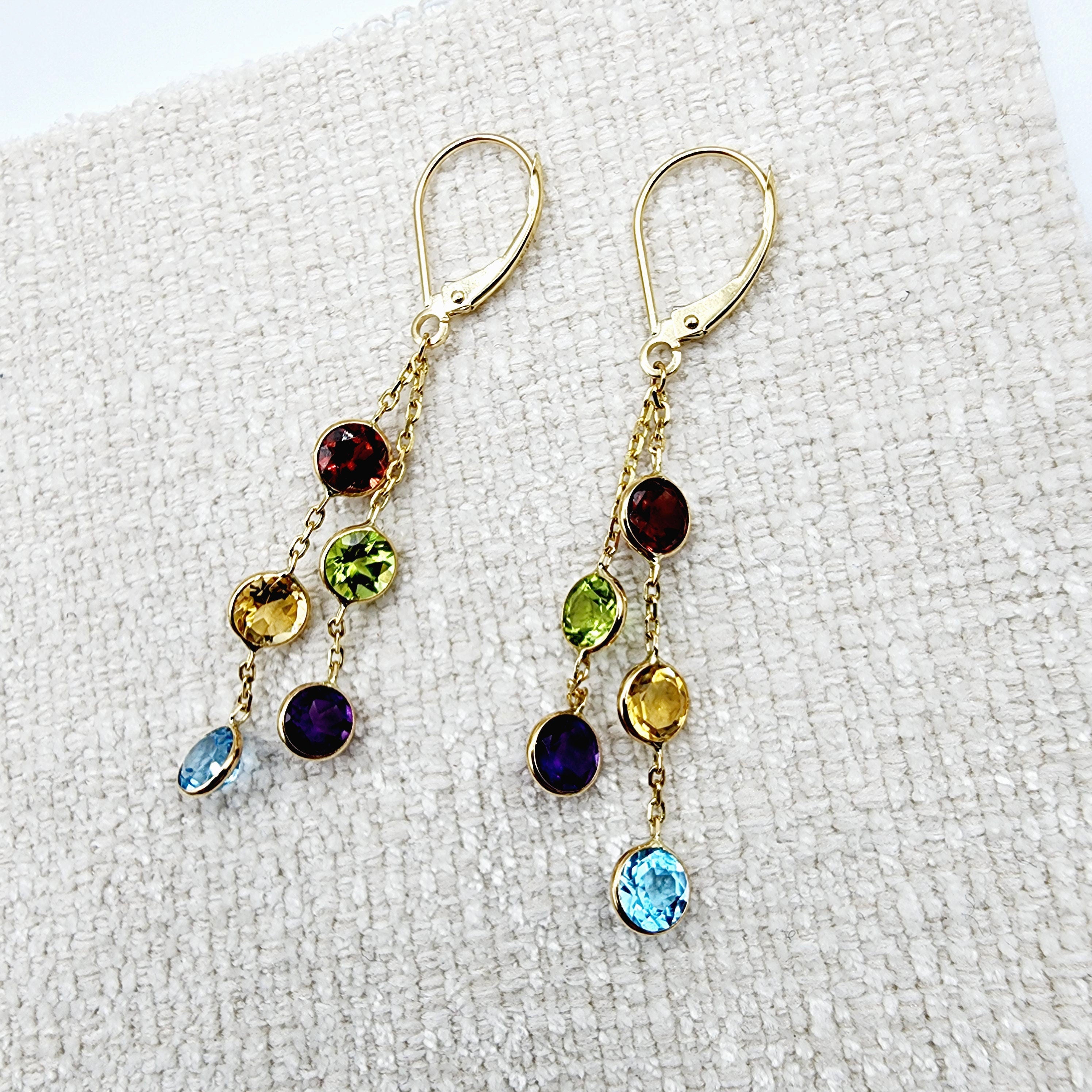 14K Gold Drop Genuine Gemstone Earrings, 5mm Natural Garnet, Peridot, Citrine, Blue Topaz, and Amethyst Earrings For Women
