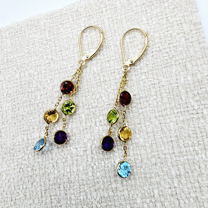 14K Gold Drop Genuine Gemstone Earrings, 5mm Natural Garnet, Peridot, Citrine, Blue Topaz, and Amethyst Earrings For Women