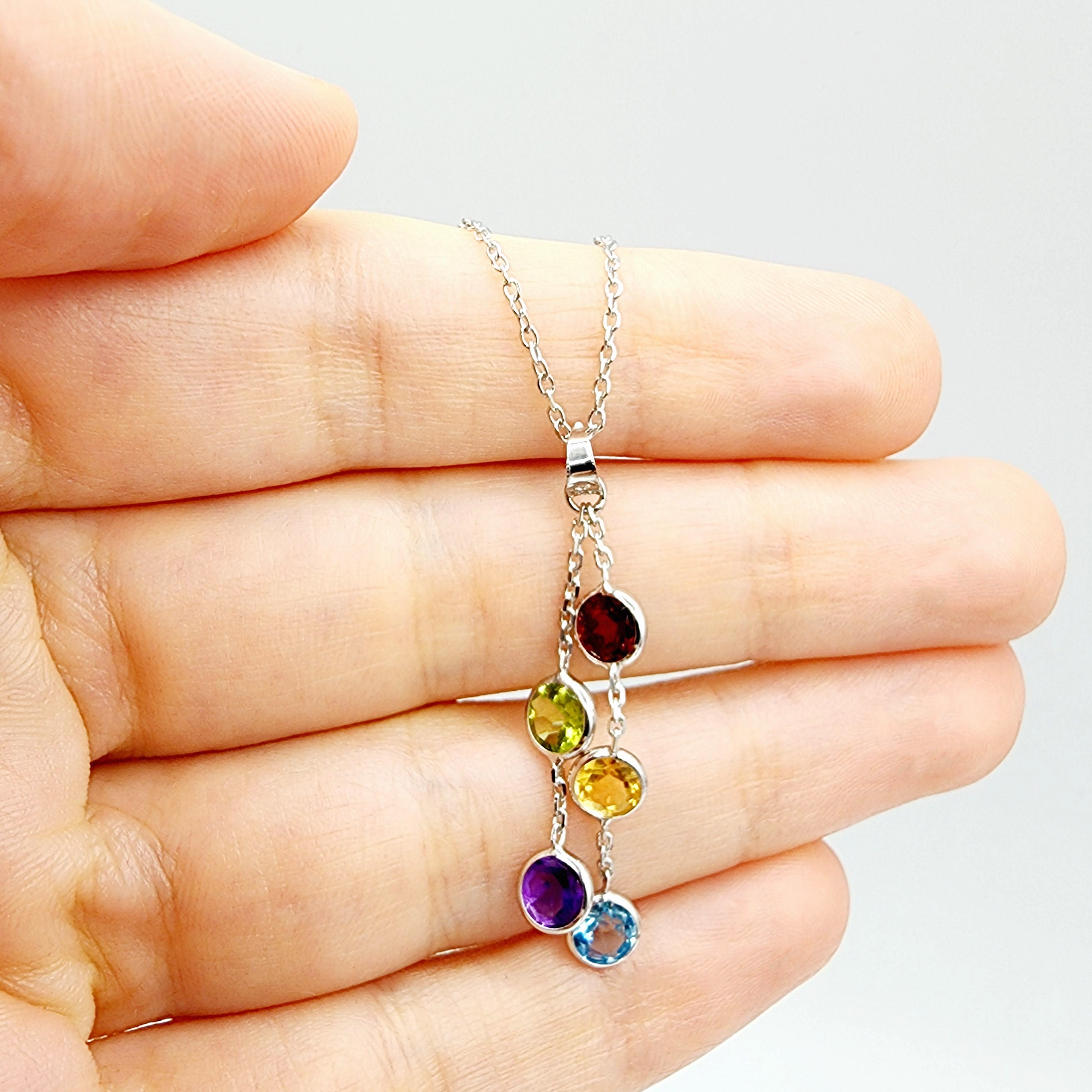 14K Gold Genuine Gemstone Pendant Necklace, 5mm Garnet, Peridot, Citrine, Blue Topaz, Amethyst Pendant For Women, Multi Color Stone Jewelry