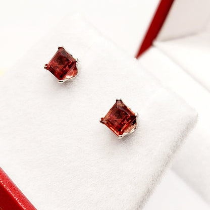 Gold Garnet Earrings, 10K White Gold Genuine Garnet 4x4mm Stud Earrings, January Birthstone, Earrings For Women, Handmade Earrings