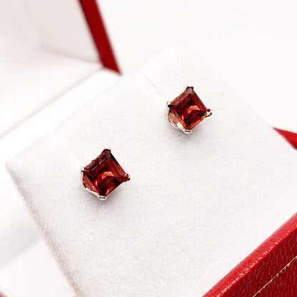 Gold Garnet Earrings, 10K White Gold Genuine Garnet 4x4mm Stud Earrings, January Birthstone, Earrings For Women, Handmade Earrings