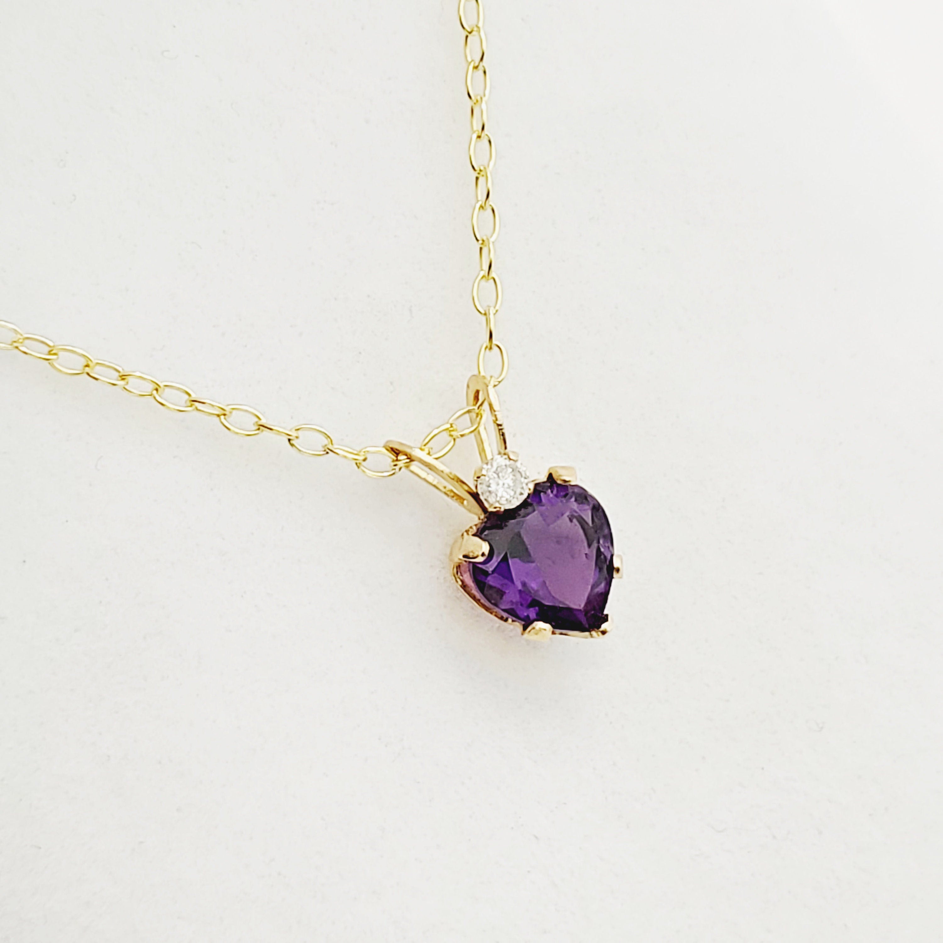 Gold Amethyst Pendant Necklace, 10K Gold  Genuine Heart Shaped Amethyst 6x6mm with Diamond  Pendant, Purple Gemstone Jewelry