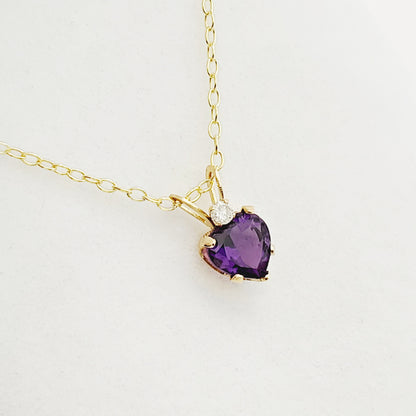 Gold Amethyst Pendant Necklace, 10K Gold  Genuine Heart Shaped Amethyst 6x6mm with Diamond  Pendant, Purple Gemstone Jewelry