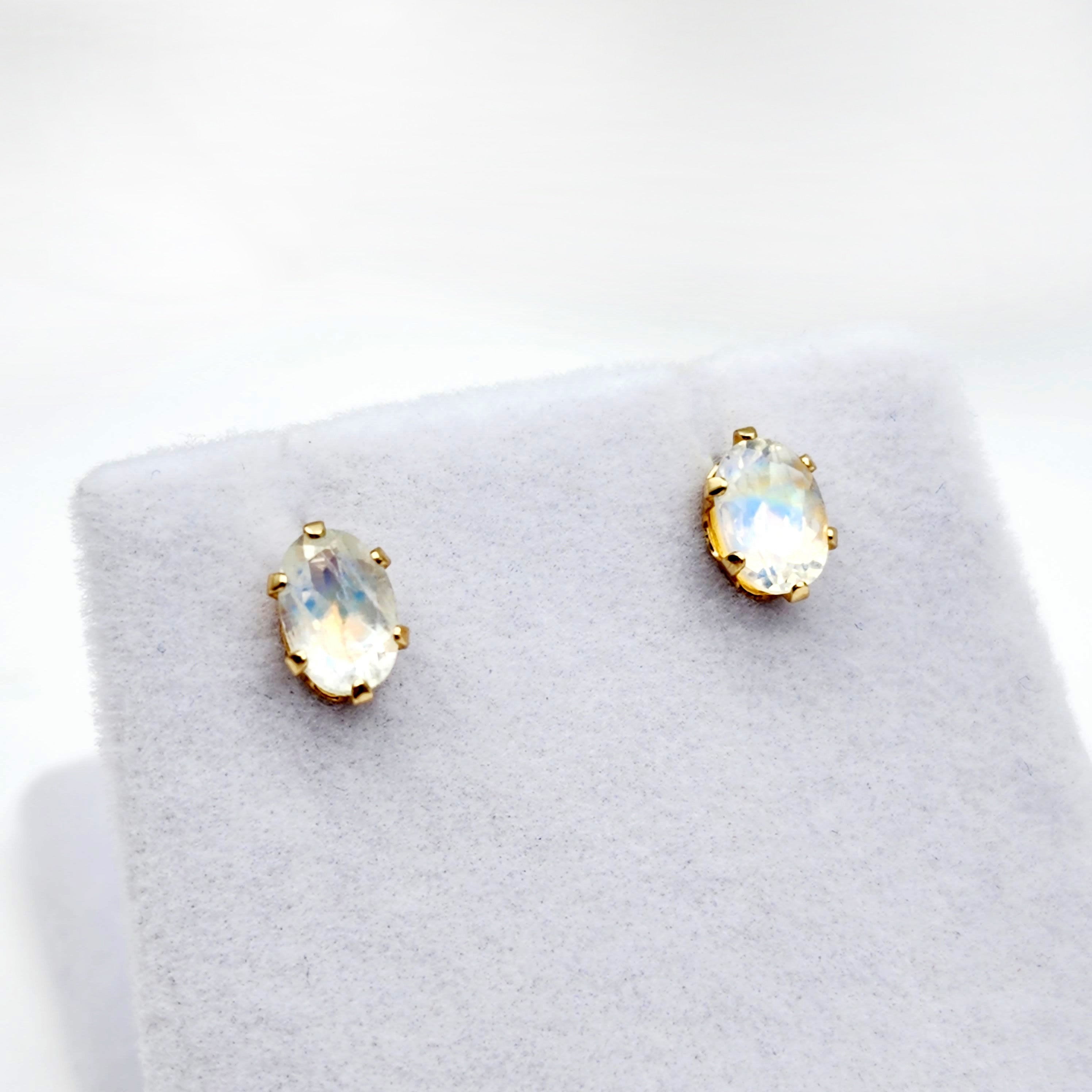 Moonstone Stud Earrings | 10K Yellow Gold Natural Moonstone 6X4mm Stud Earrings
