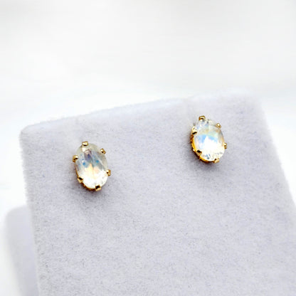 Moonstone Stud Earrings | 10K Yellow Gold Natural Moonstone 6X4mm Stud Earrings