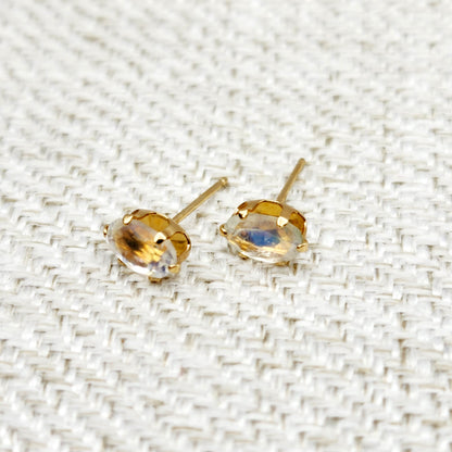 Moonstone Stud Earrings | 10K Yellow Gold Natural Moonstone 6X4mm Stud Earrings